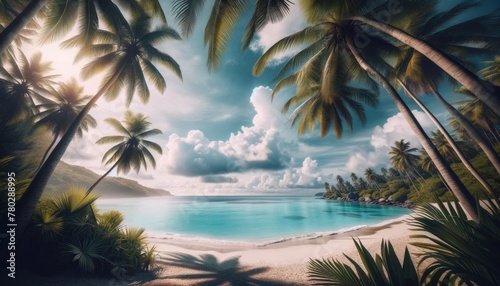 Palm trees framing a serene beach  with crystal blue waters and a clear sky dotted with fluffy clouds.