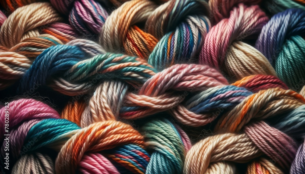 A macro shot of different-colored yarns intertwined, highlighting the texture and twist of the fibers.