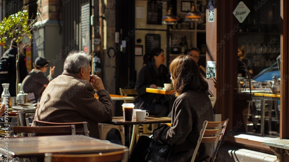A casual street-side cafe scene, capturing the everyday joy of sipping coffee and people-watching.