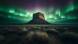 A towering mesa under the Aurora Borealis, with the night sky alive with shades of green and purple.