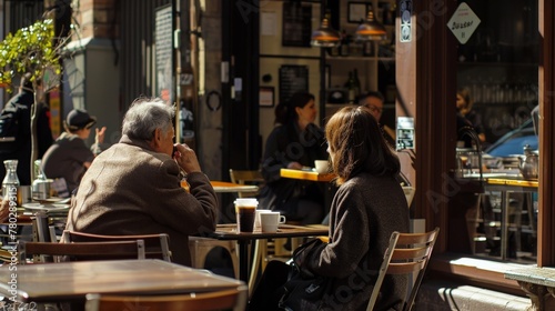 A casual street-side cafe scene  capturing the everyday joy of sipping coffee and people-watching.