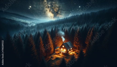 A small, isolated cabin with warm lights, surrounded by forest under a blanket of stars. photo