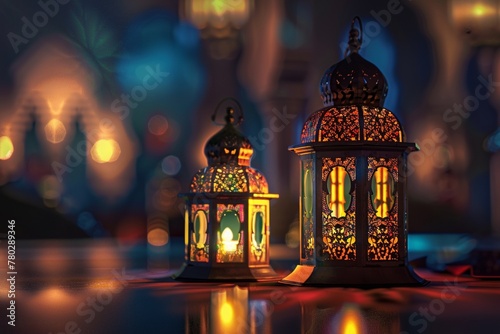 Happy Ramadan Kareem. 3d mockup of mosque, lantern, geometric arabic pattern for background, sale poster, or greeting card.