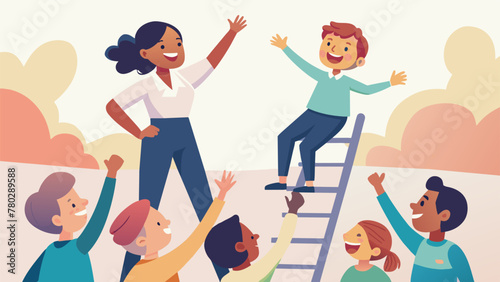 A child grinning from ear to ear as they excitedly point to the ladder that will take them straight to the top while their friends clap and