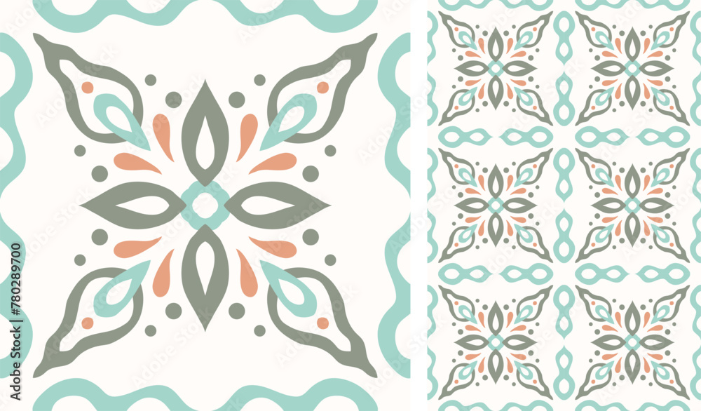 Fototapeta premium Cute scandinavian style ethnic seamless pattern. Hugge and calm hand drawn design. Moroccan tile. Mexican Spanish Talavera. Endless swatch with arabesque.