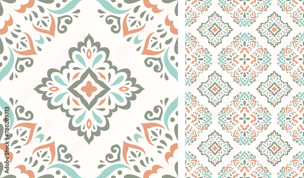 Cute scandinavian style ethnic seamless pattern. Hugge and calm hand drawn design. Moroccan tile. Mexican Spanish Talavera. Endless swatch with arabesque.