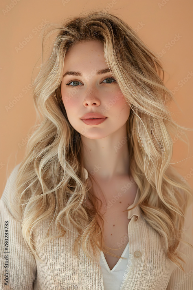 Naklejka premium woman with blonde luxurious long hair extensions, light pale peach background, glam photoshoot, empty copy space