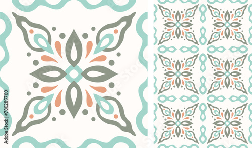 Cute scandinavian style ethnic seamless pattern. Hugge and calm hand drawn design. Moroccan tile. Mexican Spanish Talavera. Endless swatch with arabesque.