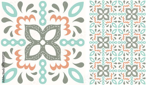 Cute scandinavian style ethnic seamless pattern. Hugge and calm hand drawn design. Moroccan tile. Mexican Spanish Talavera. Endless swatch with arabesque.