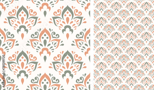 Cute scandinavian style ethnic seamless pattern. Hugge and calm hand drawn design. Moroccan tile. Mexican Spanish Talavera. Endless swatch with arabesque.