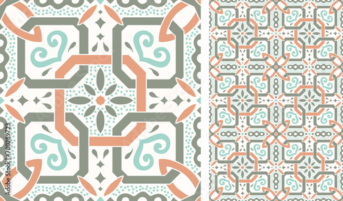 Cute scandinavian style ethnic seamless pattern. Hugge and calm hand drawn design. Moroccan tile. Mexican Spanish Talavera. Endless swatch with arabesque.