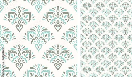 Cute scandinavian style ethnic seamless pattern. Hugge and calm hand drawn design. Moroccan tile. Mexican Spanish Talavera. Endless swatch with arabesque.