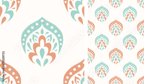 Cute scandinavian style ethnic seamless pattern. Hugge and calm hand drawn design. Moroccan tile. Mexican Spanish Talavera. Endless swatch with arabesque.