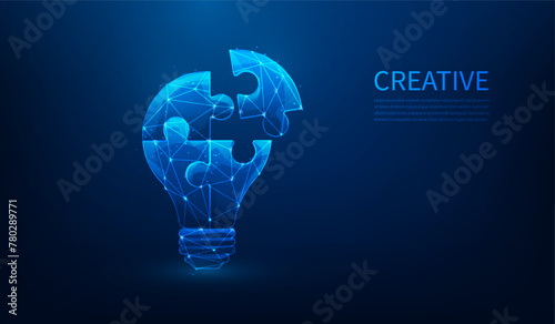 lightbulb jigsaw puzzle low poly wireframe on blue background. creative idea to success. vector illustration fantastic design.