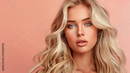 woman with blonde luxurious long hair extensions, light pale peach background, glam photoshoot, empty copy space