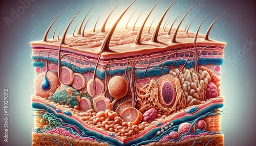 A magnified view of the human skin, detailing the epidermis, dermis, and subcutaneous layers, along with sweat glands, hair follicles. photo
