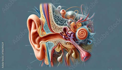 An illustration of the complex structure of the human ear, showing the outer, middle, and inner ear, including the cochlea and auditory nerves. photo
