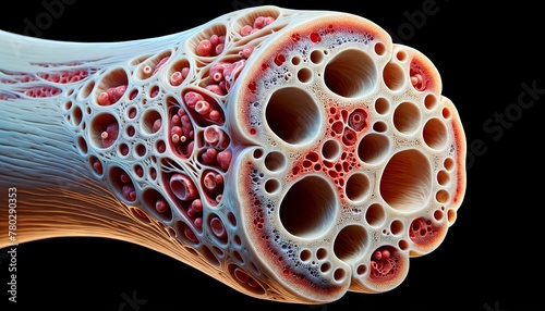A close-up cross-section of a human bone, perhaps the femur, showing the marrow, blood supply, and the detailed structure of spongy and compact bone.