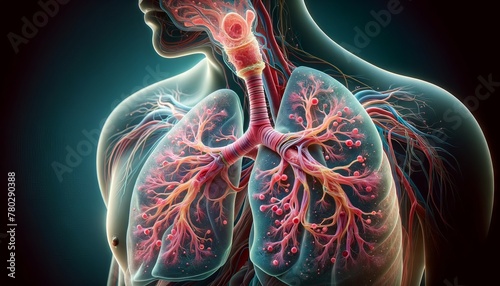 An in-depth look at the human lung, featuring the bronchi, bronchioles, and alveoli, with a partial cutaway to show the exchange of oxygen and carbon. photo