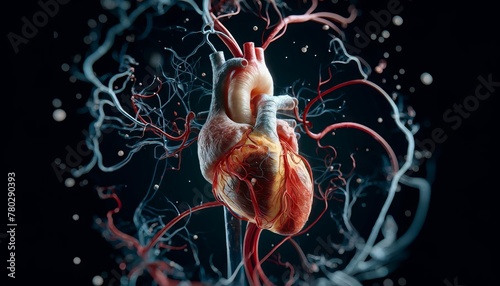 A close-up illustration of a human heart, showing the intricate network of arteries and veins, with a focus on the cross-section of the atrium and ven. photo