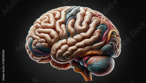 A detailed depiction of the human brain, with emphasis on the cerebral cortex, highlighting the lobes and neural pathways. photo