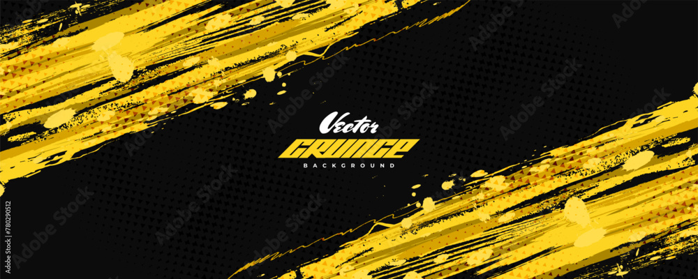 Fototapeta premium Abstract Black and Yellow Dirty Grunge Background with Halftone Effect. Sports Background with Brush Stroke Illustration