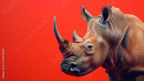 a Rhinoceros Snorting, studio shot, against solid color background, hyperrealistic photography, blank space for writing