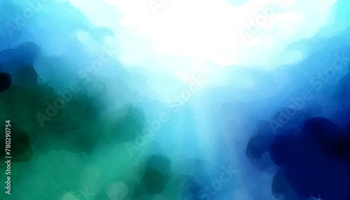 An underwater seascape with various shades of blues and greens, with light filtering through the water in a watercolor style.