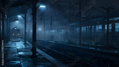 a train station at night with a thick fog