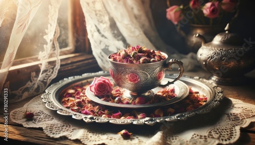 An antique tea cup, with delicate patterns, filled with rose petal tea, accompanied by a small dish of dried rosebuds on an ornate silver tray. photo