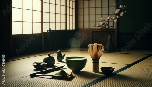 A traditional Japanese tea ceremony setup with matcha tea and a bamboo whisk, on a tatami mat floor. photo