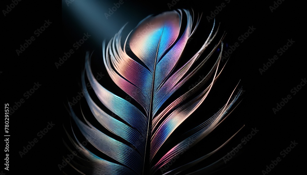 A close-up of a feather with an iridescent sheen that reflects a gradient from blue to purple to pink. A close-up of a feather with an iridescent sheen that reflects a gradient from blue to purple to pink.