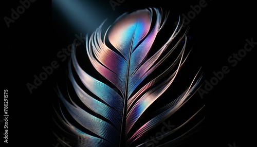 A close-up of a feather with an iridescent sheen that reflects a gradient from blue to purple to pink. photo