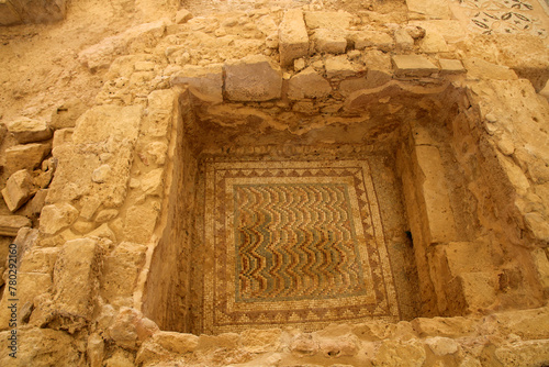 Mosaic in the ruins of an old thermal bath in the city of Kourion, Cyprus 
