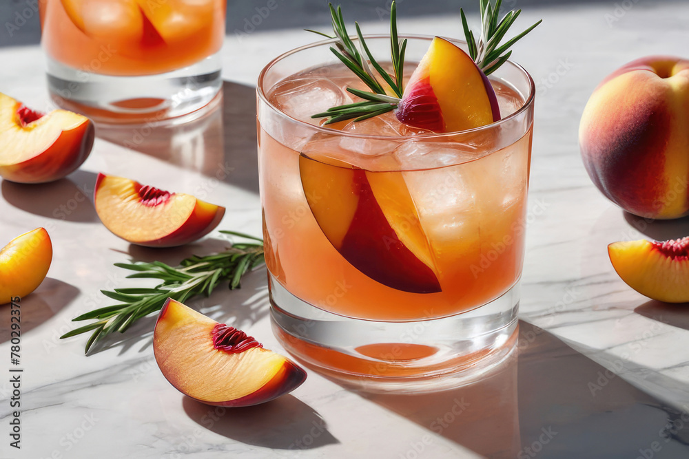 Summer refreshing soda drink or alcoholic cocktail with ice, rosemary and peach on a white marble table.