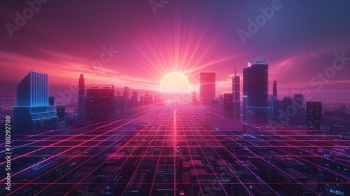 A 3D grid landscape with neon sun rays and a retro wave, creating a nostalgic yet forward-looking atmosphere