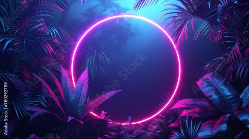 A 3D illustration featuring a glowing neon circle with tropical leaves