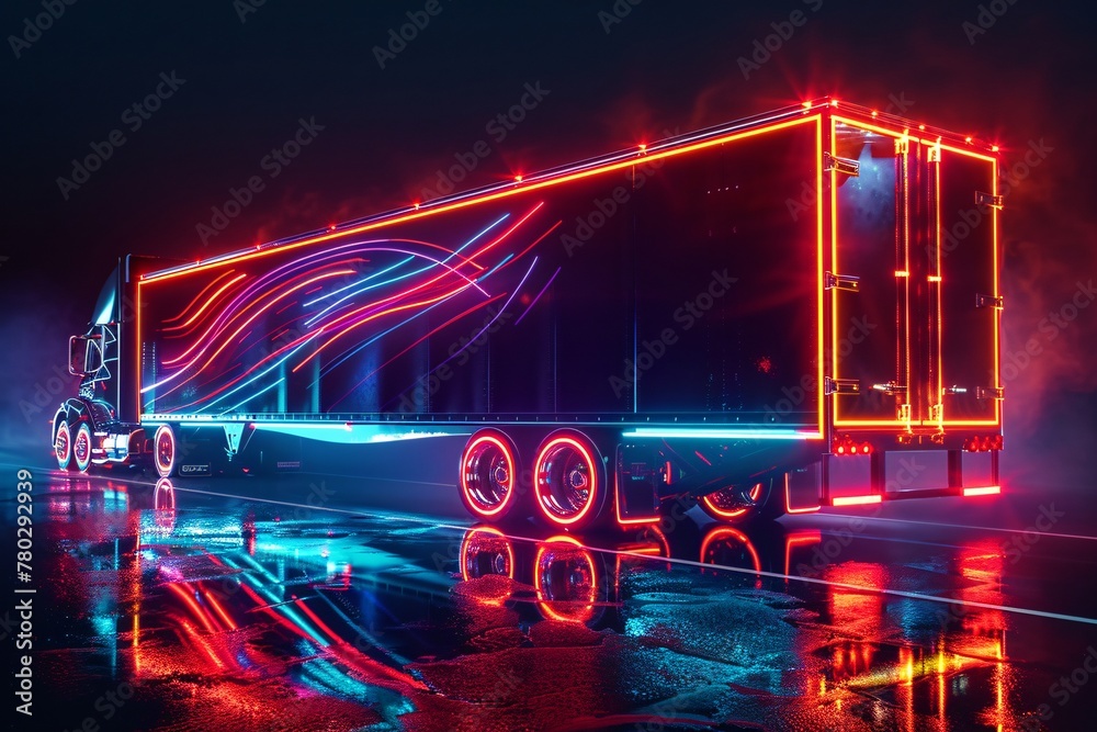 A large semi truck brightly illuminated in the darkness of night, showcasing its size and presence on the road