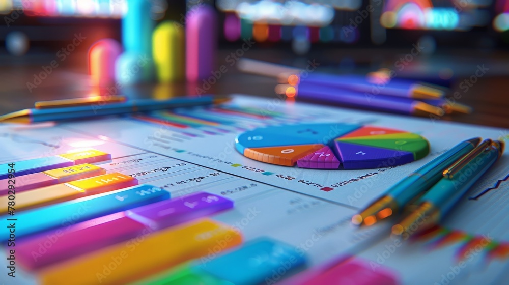 office documents featuring data, pie charts, and graphs, with a close-up view of pens office documents featuring data, pie charts, and graphs, with a close-up view of pens