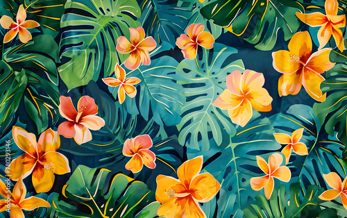 Hawaii Vibrant Aloha colorful pattern with foliage and bright vibrant sunset. enerative ai