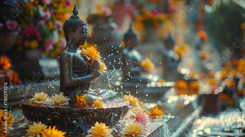 The traditional side of Songkran as locals gather to pour water over Buddha statues, symbolizing purification and blessings for the new year.