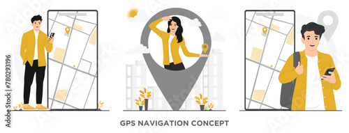 Flat vector address gps navigator service searching for location directions concept illustration