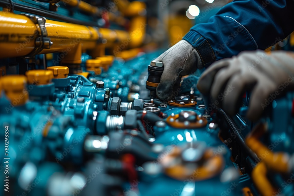 Technician tightening equipment in industrial setting Technician tightening equipment in industrial setting