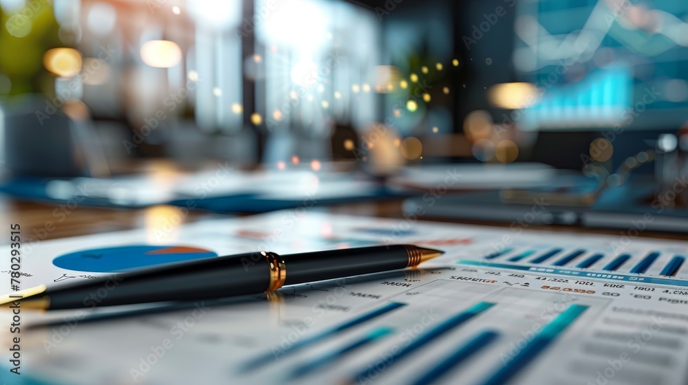 A 3D rendering showcasing financial data visualization, including pie charts and bar graphs A 3D rendering showcasing financial data visualization, including pie charts and bar graphs