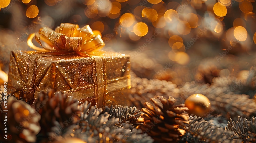 A Christmas gift wrapped in golden ribbons and pine cones