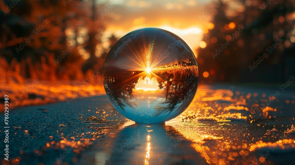 A Christmas glass ball reflecting a serene road scene at sunset A Christmas glass ball reflecting a serene road scene at sunset
