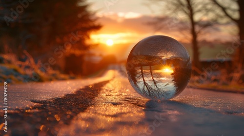 A Christmas glass globe with a blurred reflection of a road at sunset