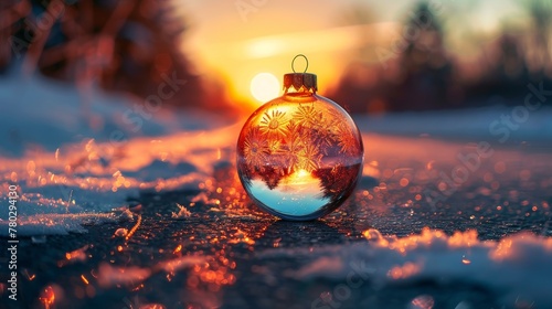 A Christmas glass ornament reflecting a sunset scene on a road, the image blurred