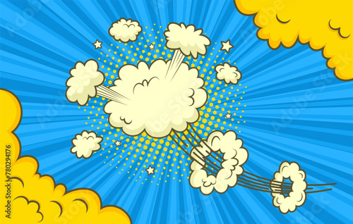 Cartoon Superhero banner with smoke clouds. Funny sunburst backdrop in comic style. Pop art yellow and blue poster. Retro background. Sky air texture. Vector illustration