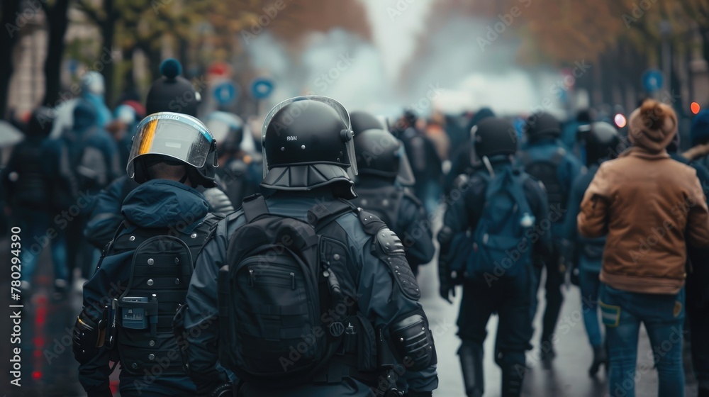 Back view of riot police handling protesters during demonstration in street
